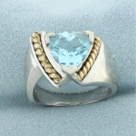 Swiss Blue Topaz Ring 14K Gold Rope Twist & 925 Sterling Silver